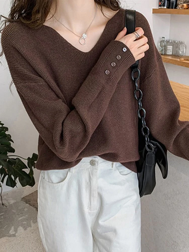 Women Sweater Autumn Winter Knitted Tops Pullovers V-neck Casual Solid Soft Knitwear Jumpers Basic Female Sweaters 2024