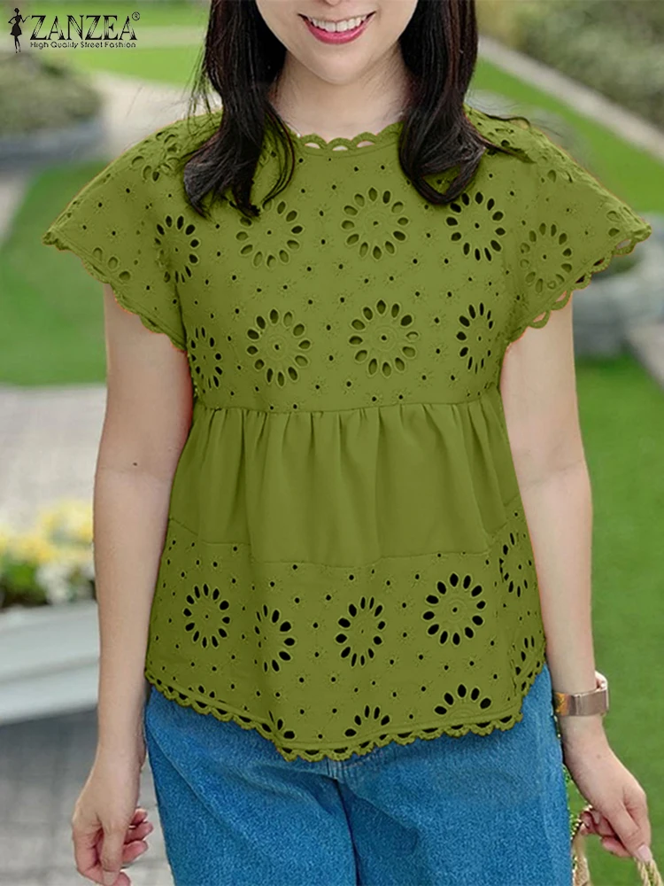 Women Lace Tops Summer Vintage Hollow Out Blouse Fashion Short Sleeve Tunic Solid Pullovers Casual Loose Blusas 2025 ZANZEA