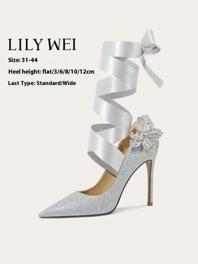 

Spring new pointed rhinestone sequin lace-up flower flat wedding shoes thin high-heeled banquet large size small size women shoe