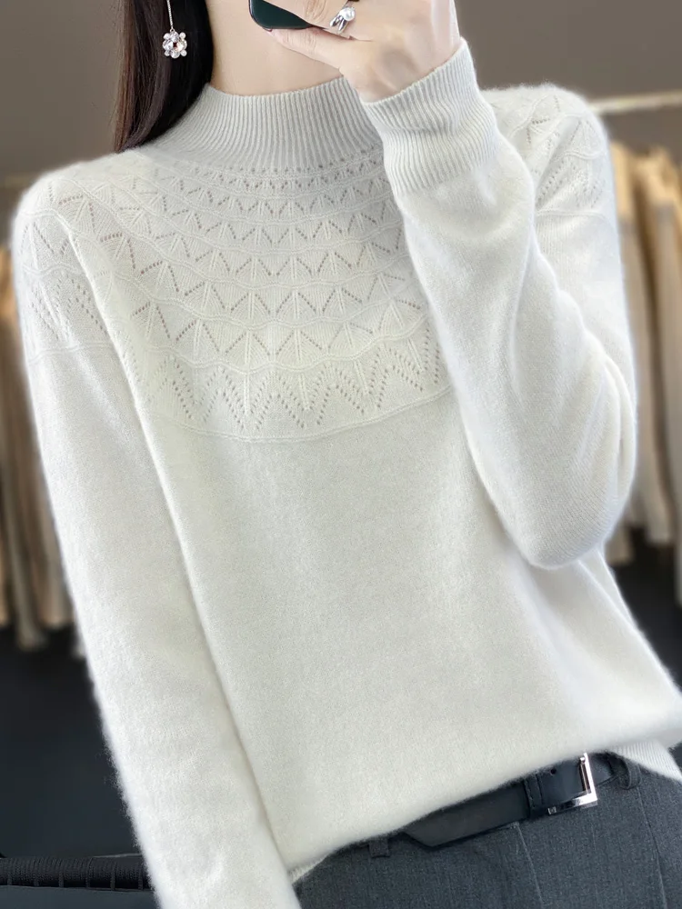 New Fashion Spring Long Sleeve Women Knitted Sweater 100%  Merino Wool Mock Neck Pullover Clothing Knitwear Basic Jumper Tops