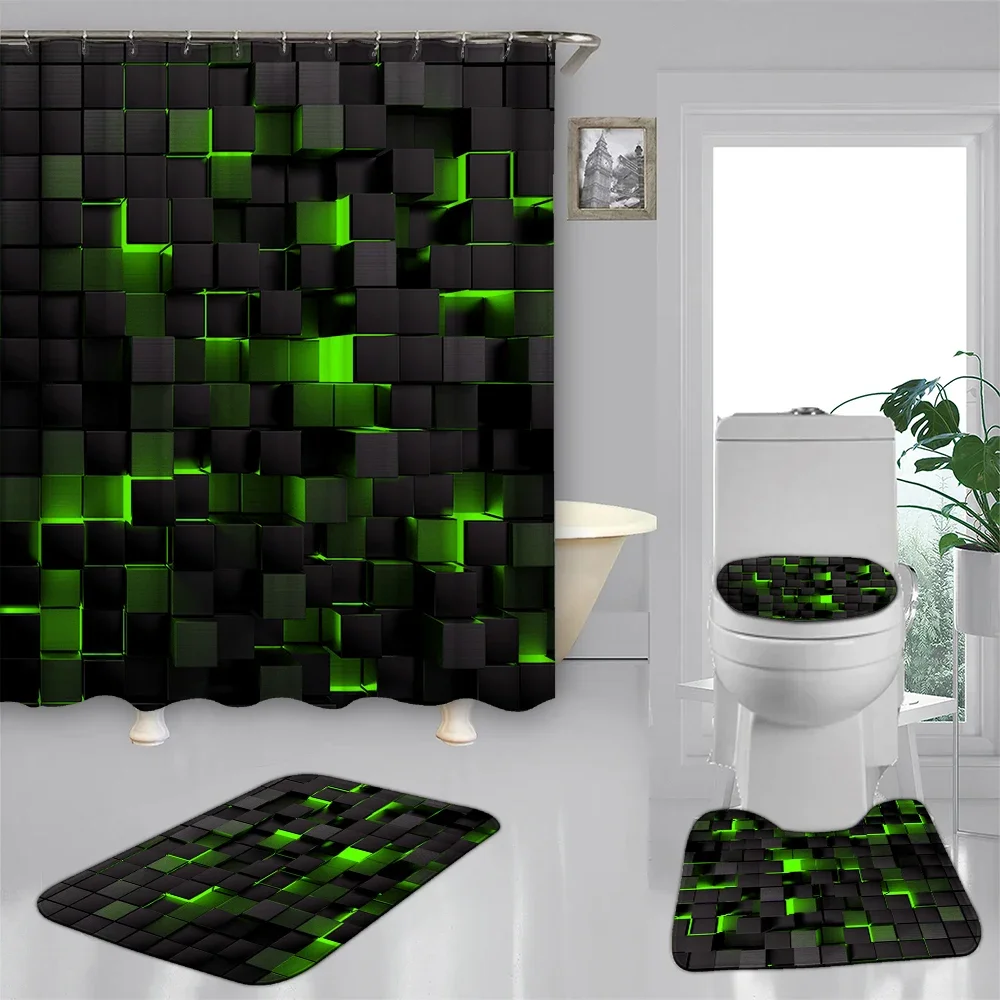 4-piece set of technological blue and black checkered printed waterproof shower curtains with 12 hooks, bathroom floor mats