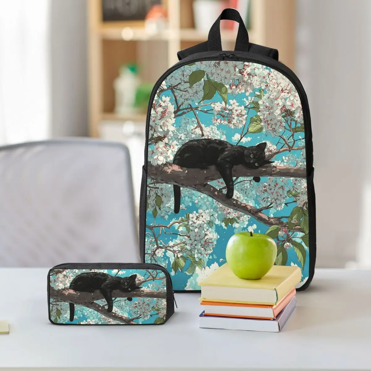 Cute Cat Sleeping On A Branch Oil Painting Backpack Student BookBag School Bag Shoulder Bags 3ps Insulated Lunch Bag Pencil Case
