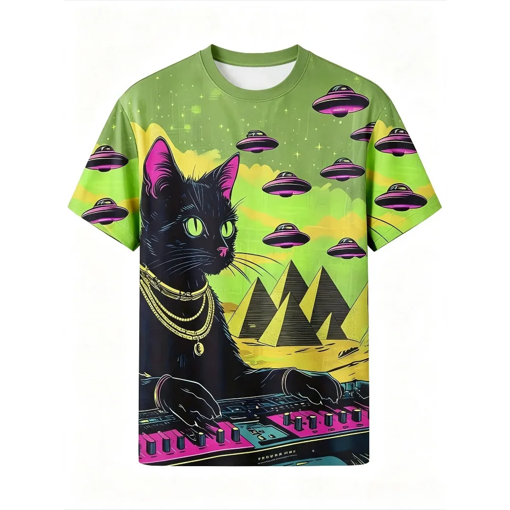DJ Black Cat UFO Pyramid Print Men T Shirt Retro Graphic Tee Loose Summer Casual Streetwear Short Sleeve Top