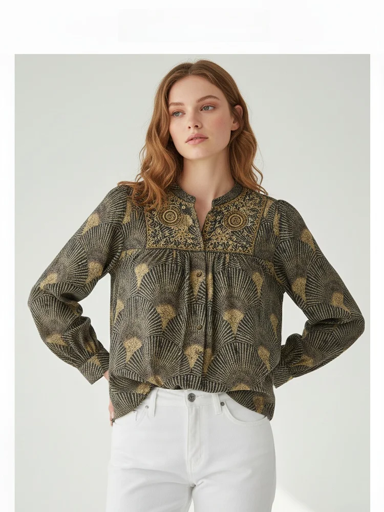 

Retro Artistic Long Sve Embroidered Cotton irt Women's Stand Collar Floral Print round Ne Full Cotton Top Autumn