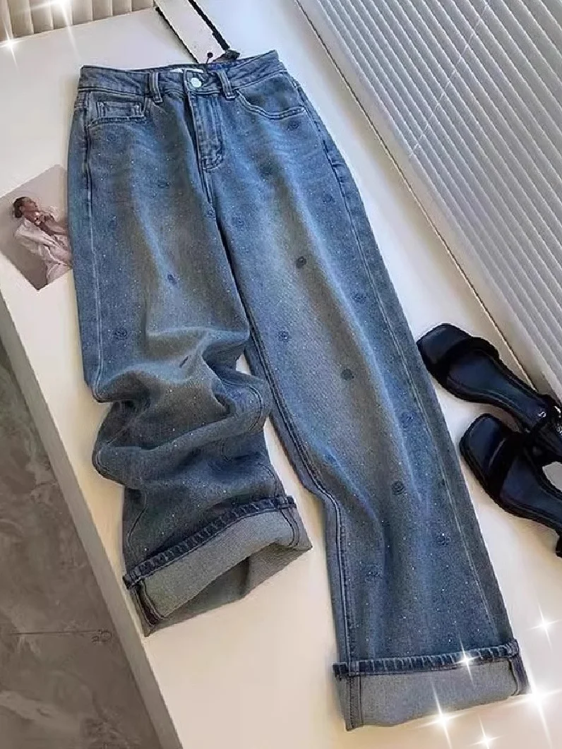 

High Waist Straight Leg Denim Jeans Women's Loose Fit Glitter Embellished Slimming Small Size Wide Leg Pants Trendy Style