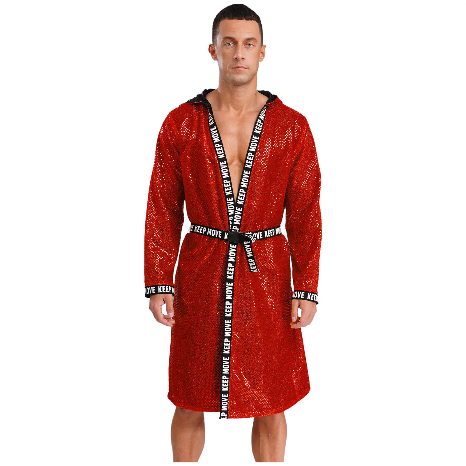 

Men Shiny Sequins Boxing Competition Robe Adult Hooded Long Sleeve Boxing Robe With Belt Loose Cover Up Sparkling Robe Cloaks