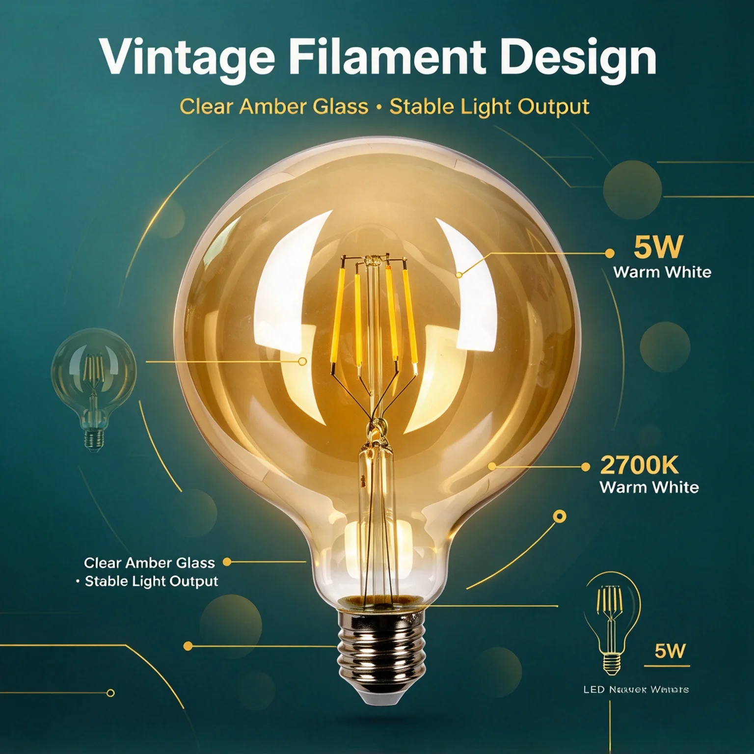 Vintage LED Filament Edison Bulb G125 Globe E27 5W AC220V 2700K Warm Amber Glass Retro Lamp 1 PC For Home Cafe Pendant Lighting - view 3