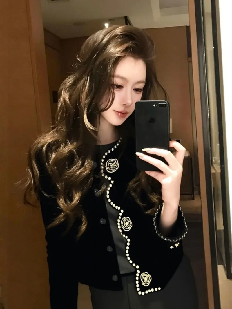 Female Important Occasion Beautiful Great Look Premium French Short Top 2026 Winter Women Black Xiaoxiangfeng Flower Jacket
