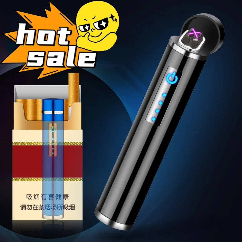 Mini Cylindrical Strip Double Arc Lighter, USB Rechargeable, Tungsten Lighters, Windproof, Flameless, Smart Fingerprint Ignition