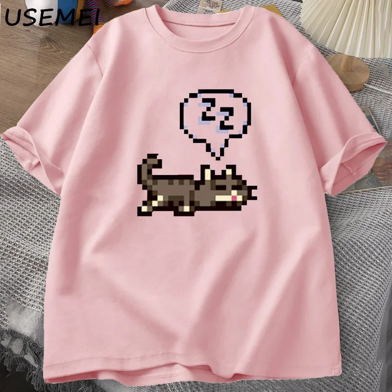 Stardew Valley Sleeping Cat Sploot Graphic T Shirts Men Casual Funny Short Sleeve T-shirt Unisex Cotton Tees Men\'s Clothing