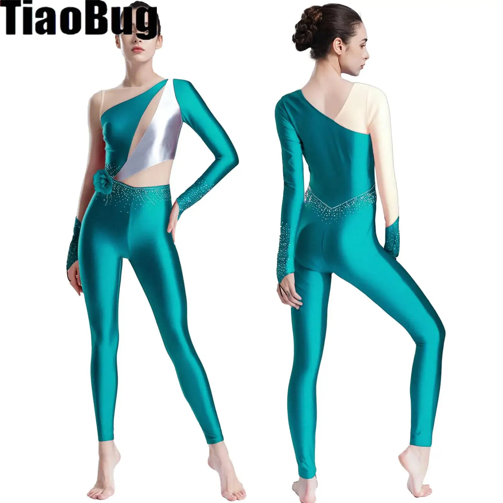 بدلة قفز نسائية للتزلج على الجليد لامعة بأكمام طويلة من حجر الراين بدلة قطعة واحدة لرقص الباليه والجمباز