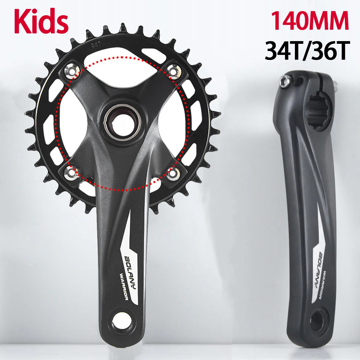 BOLANY kids Bicycle Crankset 140mm Integrated crank 104 bcd chainring Crown 34 36 teeth Aluminum single speed Children crankset