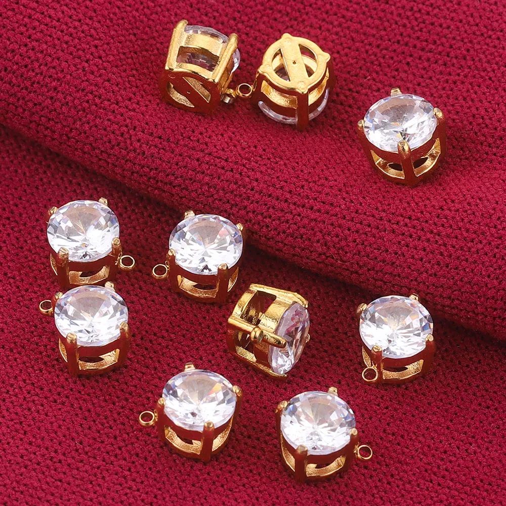 5Pcs Roestvrij Staal Pvd Plated Gold 8Mm Aaa Insert Zirkoon Charm Hanger Base Voor Diy Sieraden Ketting Maken ambachten Oorbellen