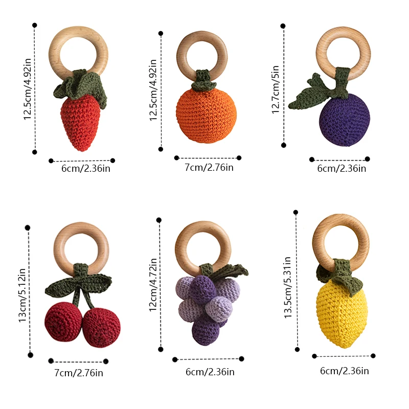 Giocattolo fatto a mano con sonaglio per frutta all'uncinetto per neonati, ragazzi, ragazze, regali, anello in legno, sonagli per ciliegie, massaggiagengive per neonati, giocattoli musicali