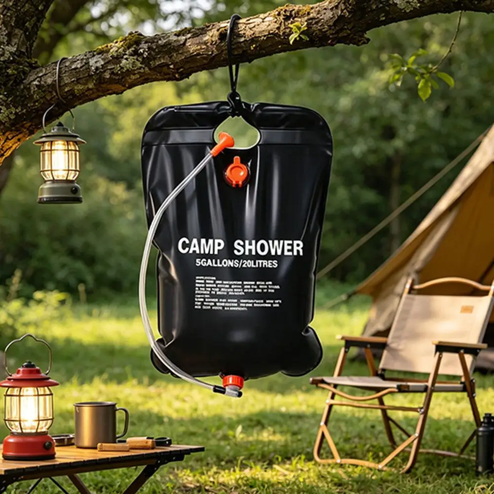 20L Solar Shower Bag Portable Camping Shower Water Bag with Hose Nozzle Foldable PVC for Hiking Beach Travel Outdoor Bathing