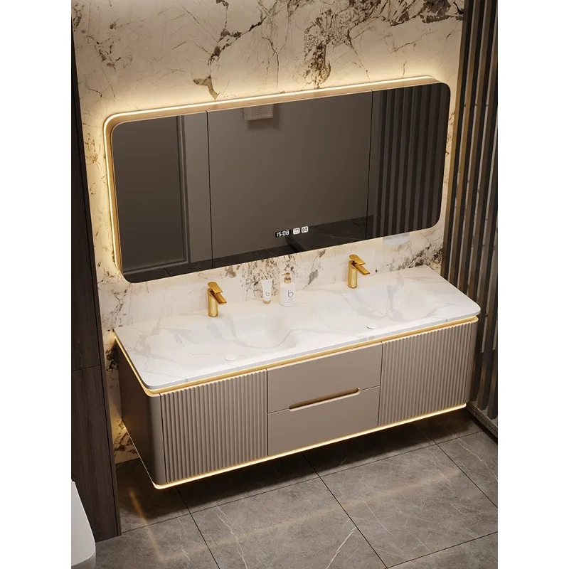 

Rock slab hot bending integrated basin bathroom cabinet, oak wash basin combination, toilet wash basin