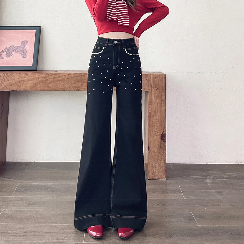 Women High Waist Wide Leg Jeans Black Denim Pants Stretchy Pearl Beaded Decor Contrast Stitching Lady Flared Trousers Streetwear