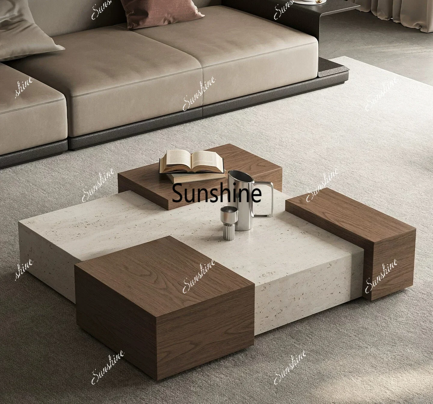 F Italian minimalist travertine solid wood veneer geometric splicing module household tea table