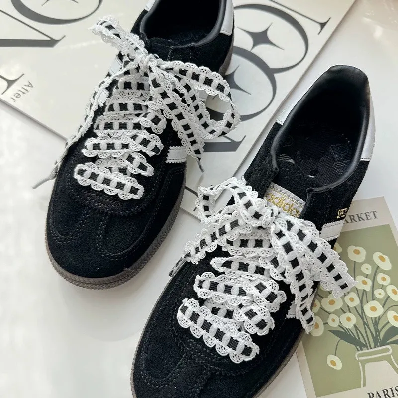 Ruffle Lace Shoelaces Non Slip Stretchy DIY Decorative Grid Shoe Laces For Casual Shoes White Sneakers Sports Shoes DE Trainer