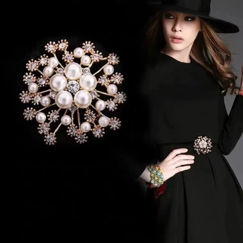 Luxury Snowflake Pearl Crystal Brooch Large Snowflake Flower Brooch Pins Fashion Exquisite Women's Jewelry