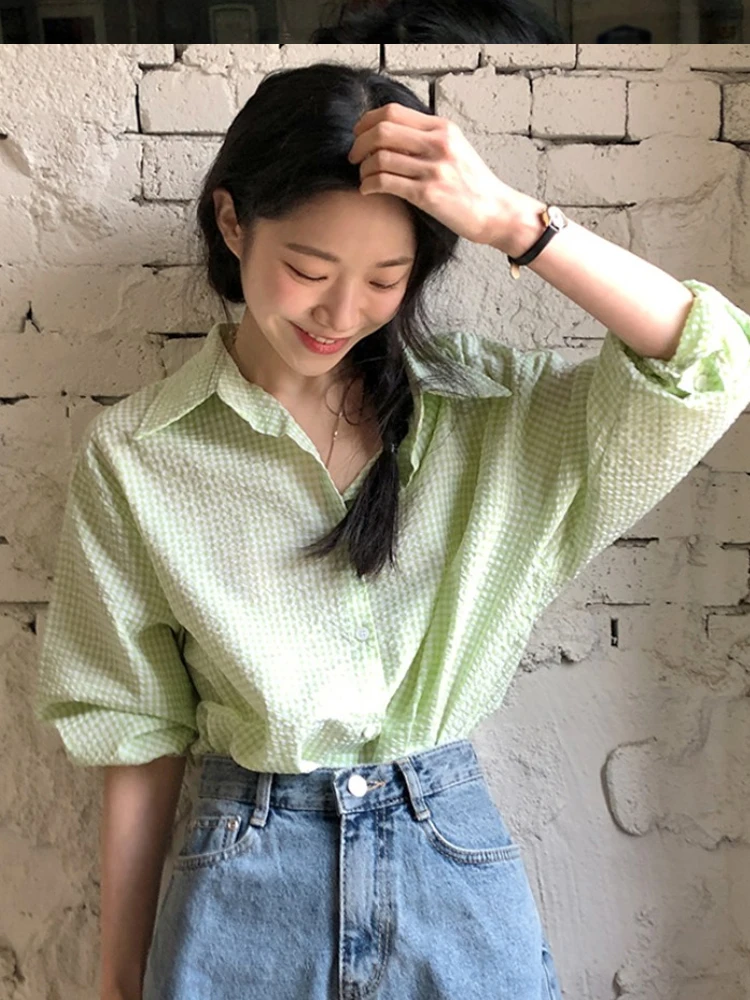 エレガントな長袖レディースシャツルーズバブルテクスチャチェック柄ファッショナブルなユニークトップ日焼け止め韓国スタイル通勤風