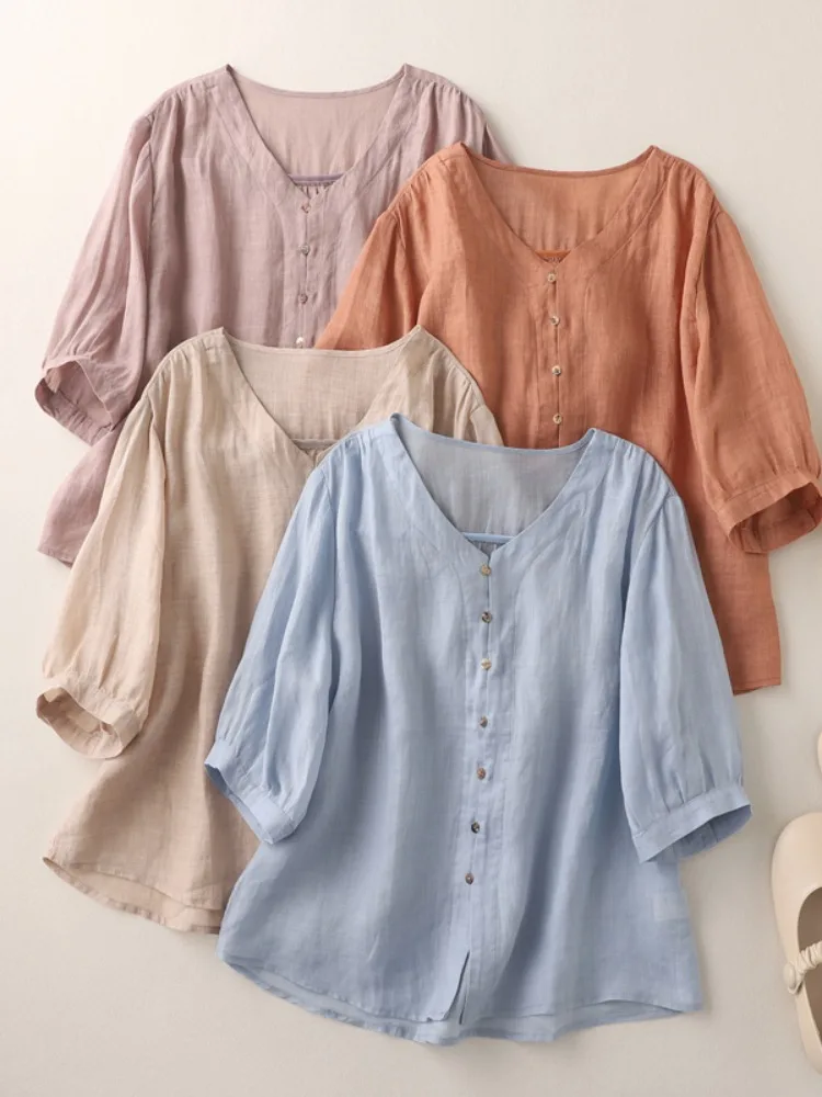 

Summer New Sle Women's Pure Color Thin Cotton Linen V-ne Casual irt Sun Protection Seven-quarter Sve Top