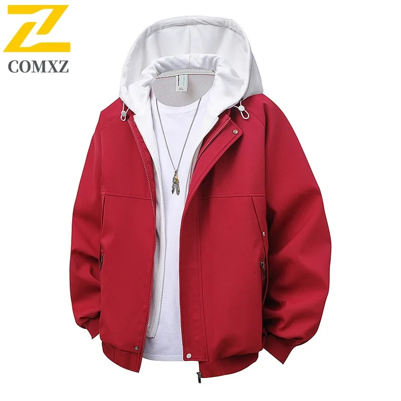 COMXZ 2025 Men Women Unisex Fake Two Piece Hooded Zipper Jacket Spring Autumn High Quality Chenille Loose Fit Coat