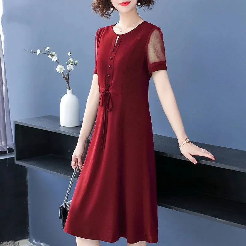 2024 New Mom's Temperament Dress Chiffon High End Summer Middle And Elderly Dress Covering Meat And Slimming Skirt