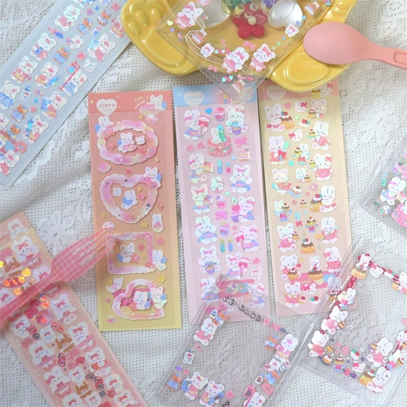 Korean Ins Laser Hot Silver Planner Sticker Cute Rabbit Animal Hand Account Stickers DIY Decorative Material