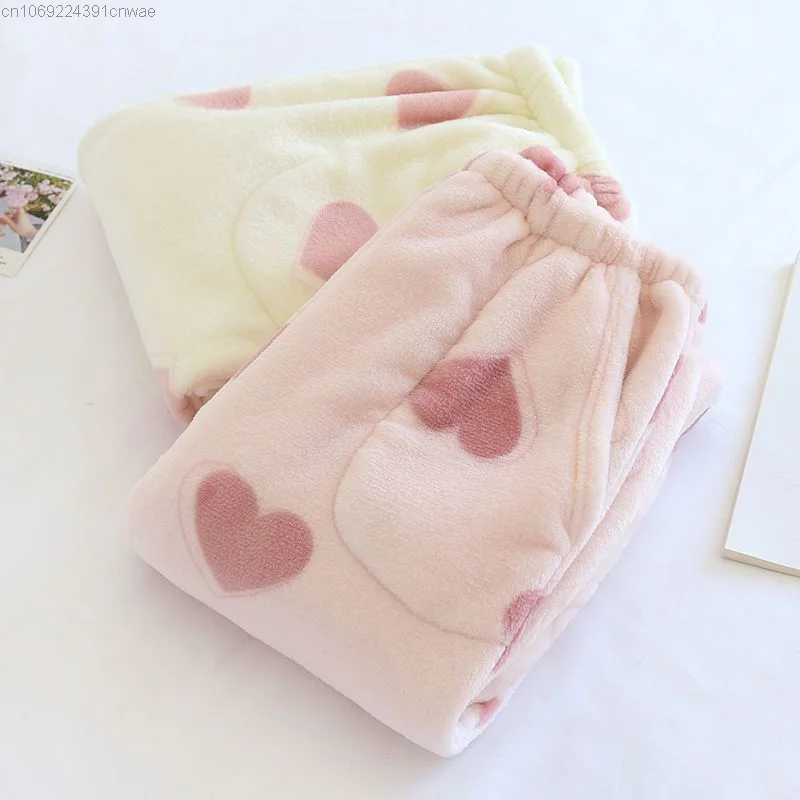 New Heart Print Fluffy Fur Pajamas Pj Sleepwear Trousers Y 2k Cutecore Flannel Warm Plus Pyjama Pants Women Home Wear Pink Pants