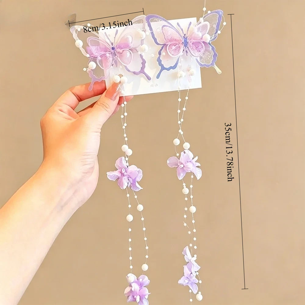 2Pcs Butterfly Tassel Hair Clips Imitation Pearl Chain Braided Hair Pins Kids Girls Party Hair Accessories
