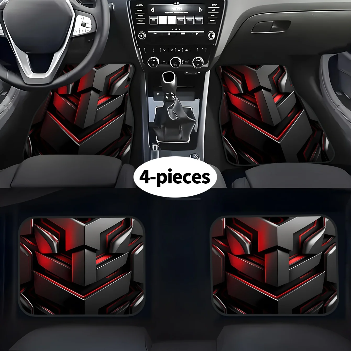 4pcs Black Metal Structure Printed Car Floor Mats | Polyester, Easy To Install And Clean, Suitable For All Seasons, Perfect Gift