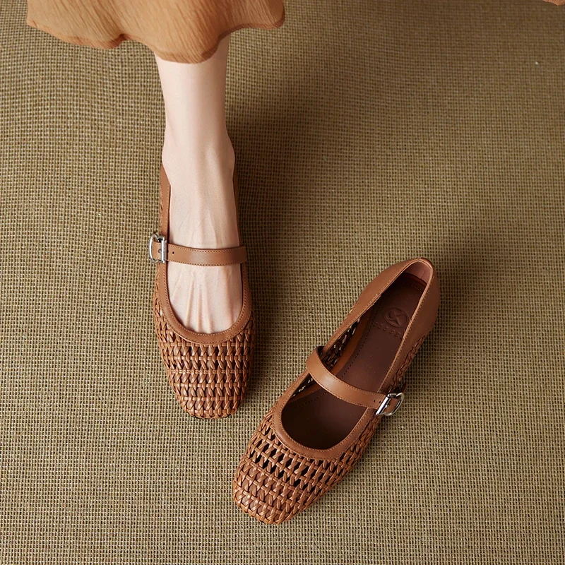 

2025 new summer women sandals natural leather 22-25cm weave cowhide+sheepskin+pigskin women shoes buckle Mary Jane shoes