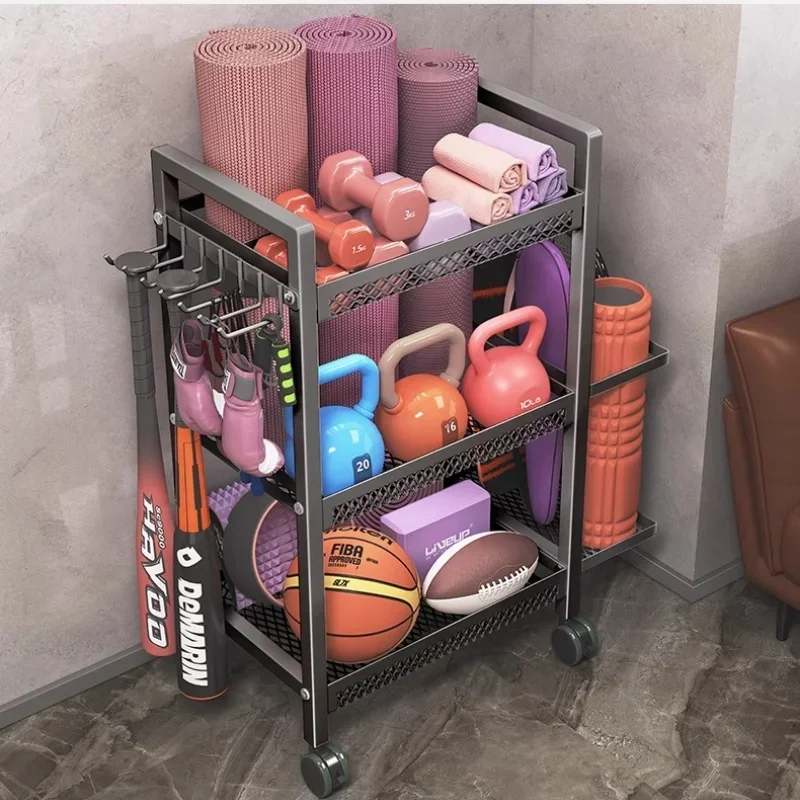 Double Layer Pulley Movable Sports Fitness Equipment Storage Rack Breathable Basket Yoga Mat Foam Shaft Storage