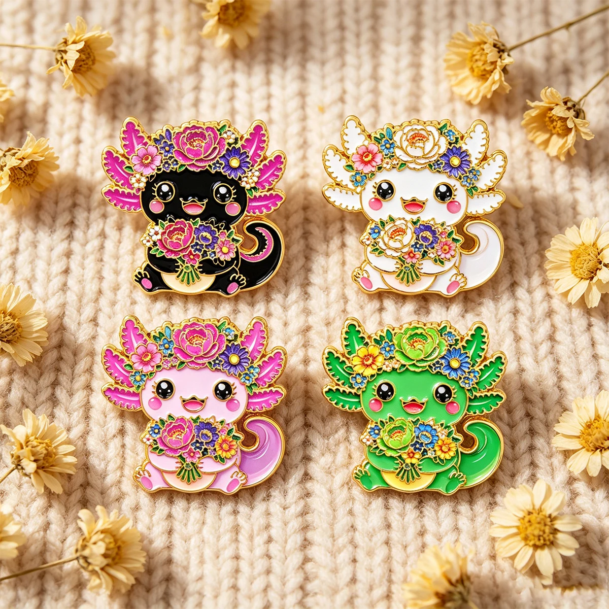 4-teiliges Set mit niedlichen Blumen-Axolotl-Emaille-Pins, Cartoon-Salamander-Abzeichen, Brosche für Jacken, Taschen, Kleidung, Sammlerstück, Geschenk – Detail 4