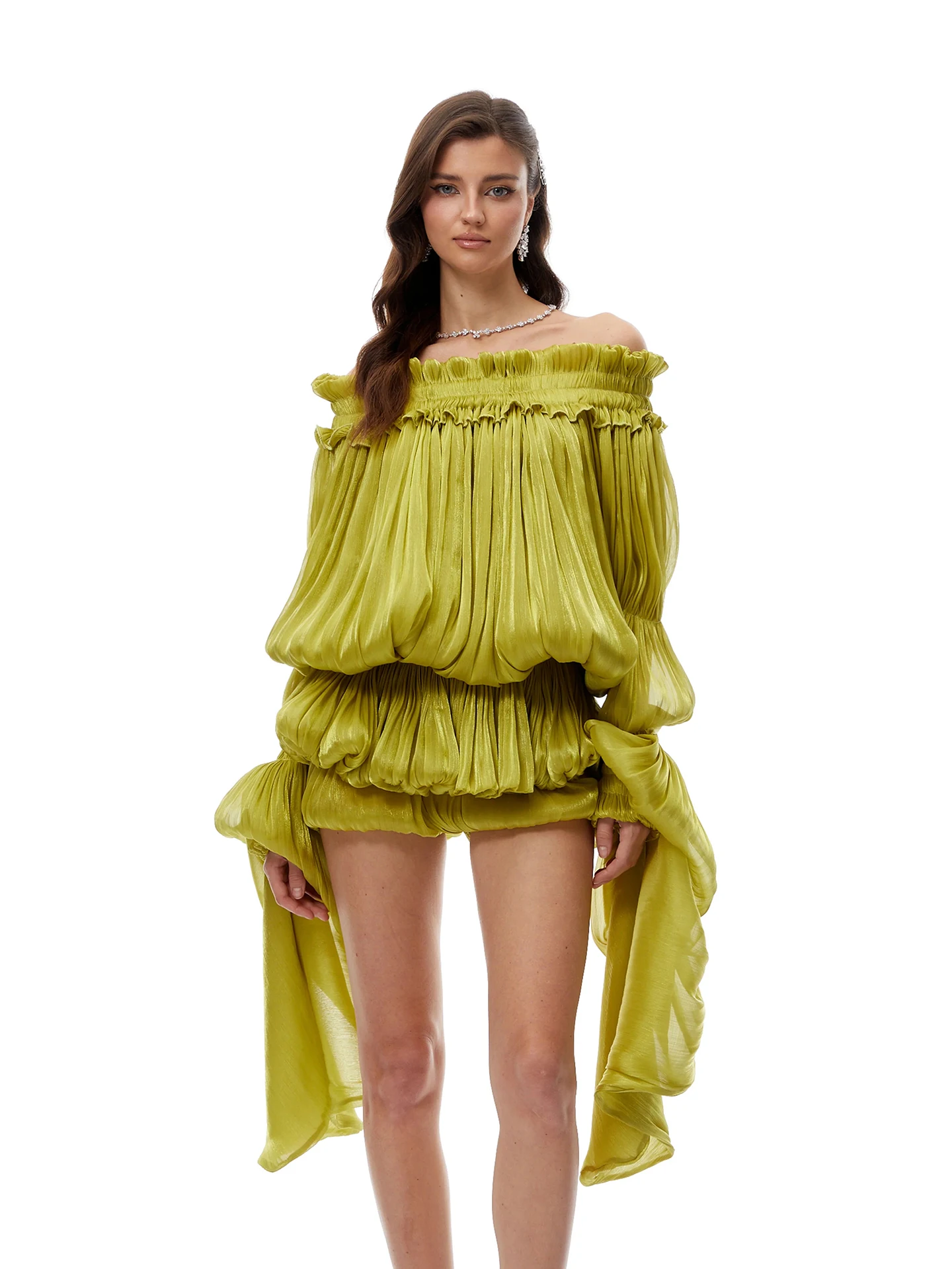 

Elegant Pleated Short Skirt One Shoulder Hostess Dress for Banquet Polyester Fiber mid Stretch Loose Fit H Shape Gown