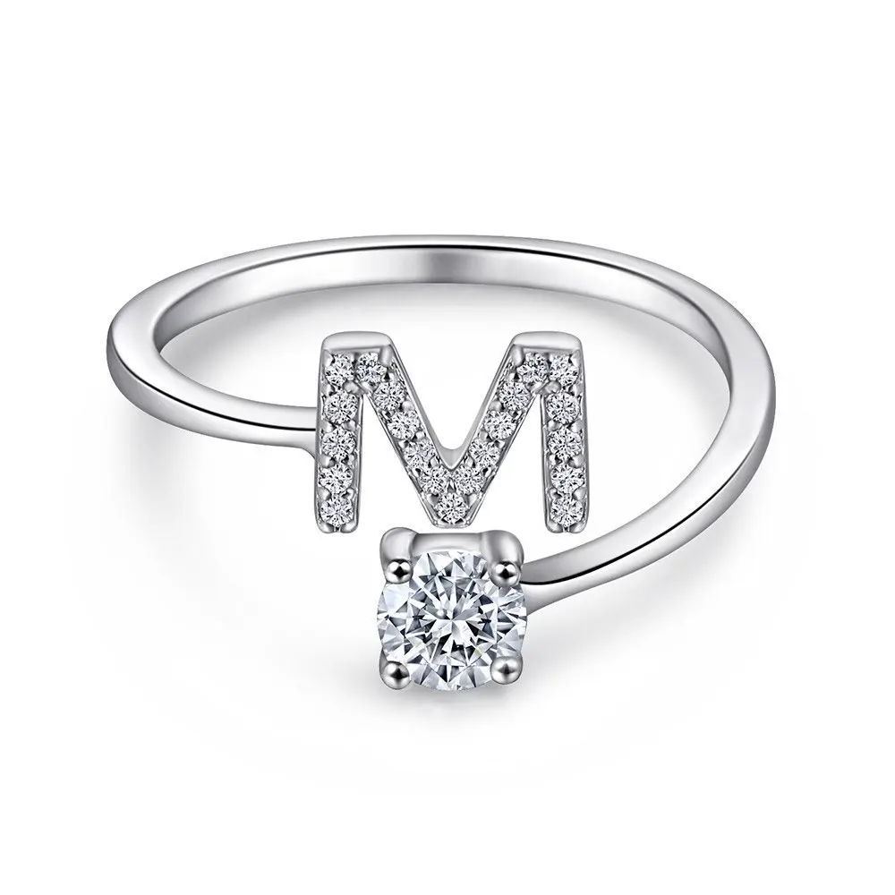 Women's Adjustable Initial Ring with Cubic Zirconia, Stackable Gift