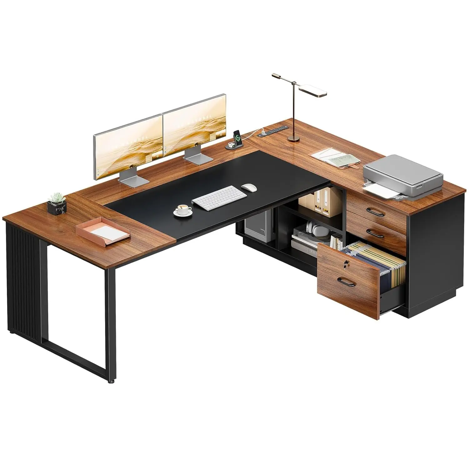 L Shaped Desk with Drawers & File Cabinet, Corner Computer Workstation with Outlets, 71 Inch Walnut & Black, Customized
