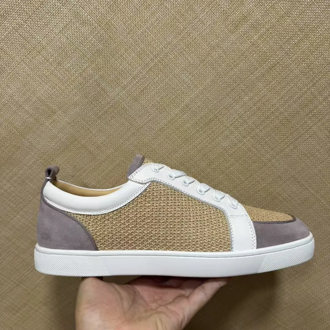 Luxury Men‘s Low Top Spike Beige Weave Leather Shoes Red Bottom Shoes For Men Streetwear Casual Skate Footwear Plus Size