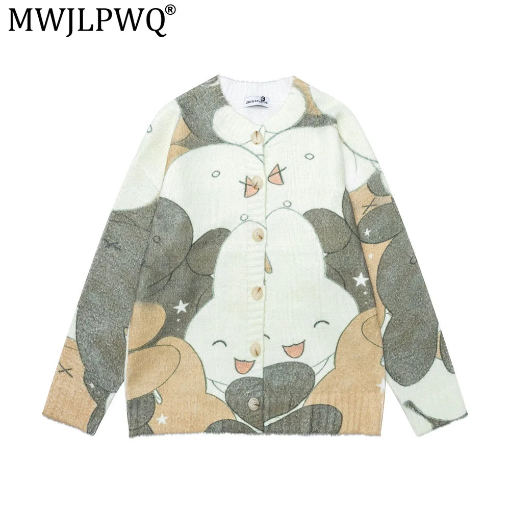 MWJLPWQ Digital Print Color-Block Cardigan Sweater Male Round Neck Loose Fit Spring Autumn Men's Hip-Hop Trendy Knit Tops 21054