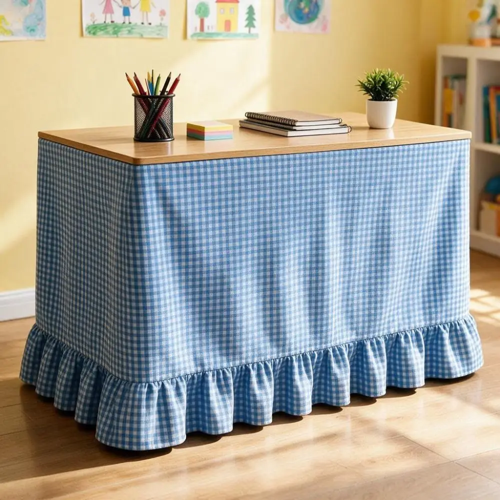 Fresh Ruffled Edge Gingham Table Skirt 72in Hook and Loop Teacher Desk Skirt Washable One-Piece Table Wrap Classroom