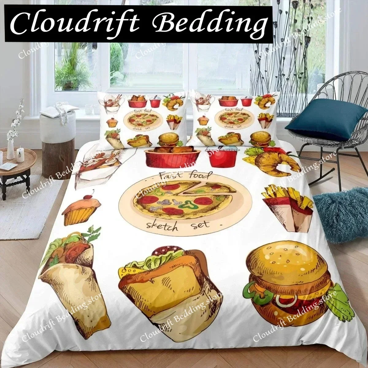 3D American Fast Food Duvet Cover Set Full Size Pizza Hotdog Comforter Cover Hamburger Bedding Set French Fries Quilt Cover026