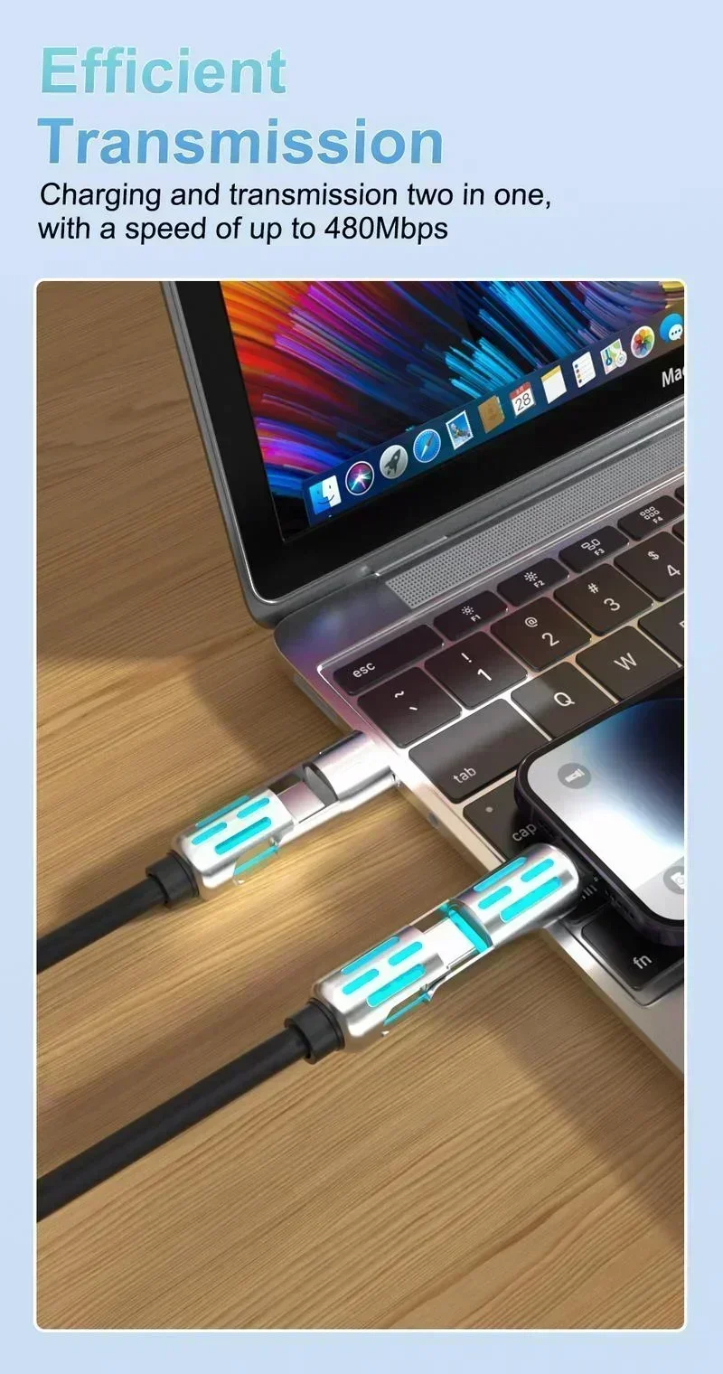 240W Multi USB Charging Cable 4-in-1 Fast Charge with Breathing Light for Phone Tablet Lightning/Type-C