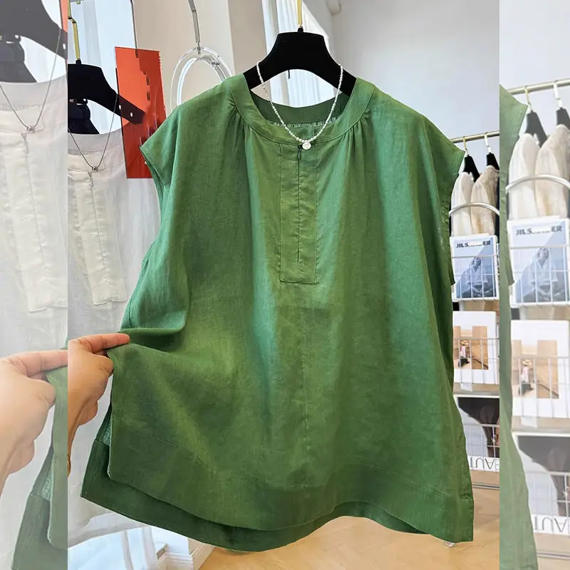 

Лето 2026: Женский топ свободного кроя с круглым вырезом, художественный дизайн, повседневный стиль, универсальный, комфортный, дышащий, приятный к телу.