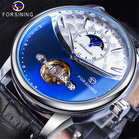 2023 Forsining Mens Watches Automatic Mechanical Tourbillon Sport Clock Flywheel Multi-function Moon Display Leather Wrist Watch