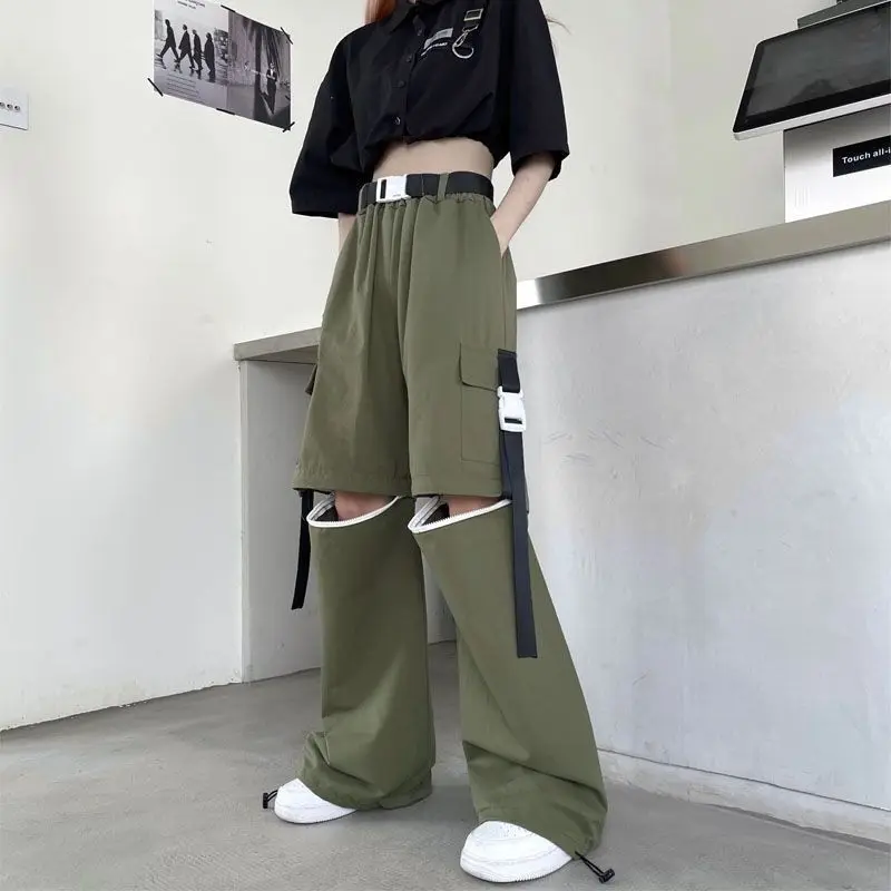 Detachable Y2K Unisex Men Pants Ribbons Zipper Knee 2 Ways Wear Male Pantalon Cargo Design Lovers CP Handsome Chic Streetwear