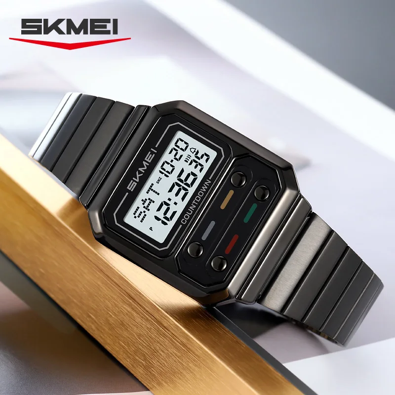 SKMEI 2448 الفاخرة الفولاذ المقاوم للصدأ ساعة رقمية للرجال مقاوم للماء العد التنازلي للصدمات رجالي ساعات المعصم Relojes Para Hombre