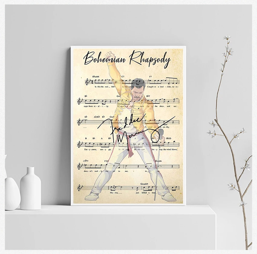 Canvas Painting s and Prints Wall Art for Room Home Decor Bohemian Rhapsody Chord Lyrics Freddie Mercury Portrait