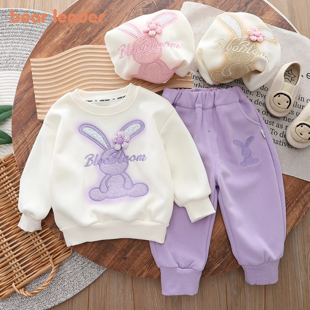 

Bear Leader Autumn Long Sleeved Round Neck Cartoon Rabbit Hoodie+elastic Long Pants Two-piece Sets Embroidered Letter Girl Set