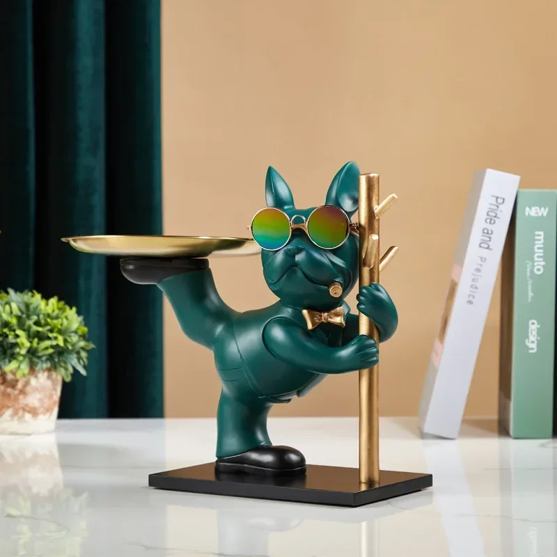 French Bulldog Decoration with Wood Holder Dog Sculpture for Home Decor Animal Statues Butler Office Desk Ornaments Living Room